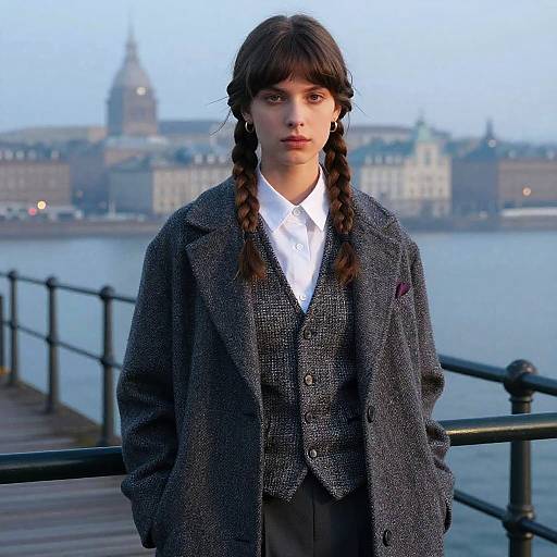 Fashion Model with Braided Bangs at Waterfront Pier