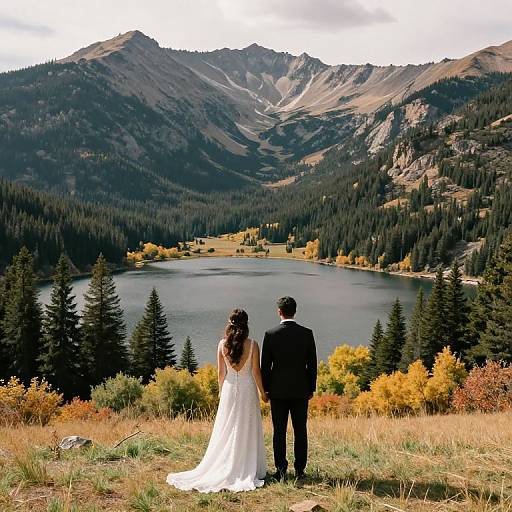 Couple overlooking Grand Lake and mountains in fall
