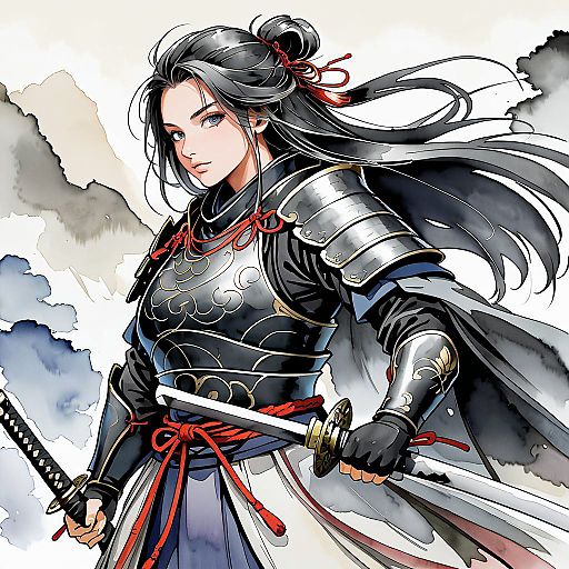 Confident Female Samurai in Watercolor Style