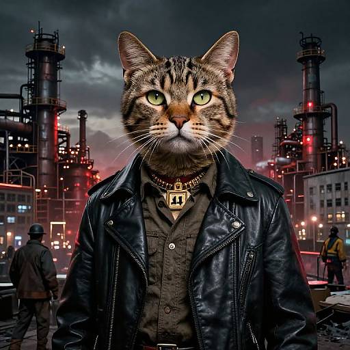 Digital art: Anthropomorphic tabby cat with green eyes, wearing black leather jacket and dark shirt, stands in dystopian industrial cityscape at night.