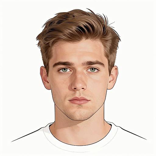 Digital portrait of a young man with short brown hair, blue eyes, fair skin, and light stubble, wearing a white shirt.