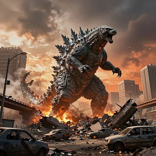 CGI image of a massive, roaring Godzilla destroying a city with fiery explosions, crushed cars, and towering buildings in the background.