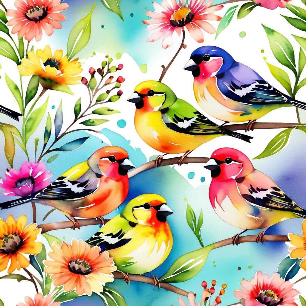 Vibrant Watercolor Finches Among Flowers