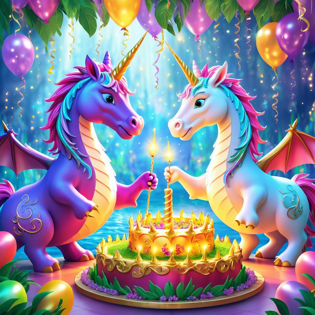 Whimsical Birthday Celebration with Dragon and Unicorn