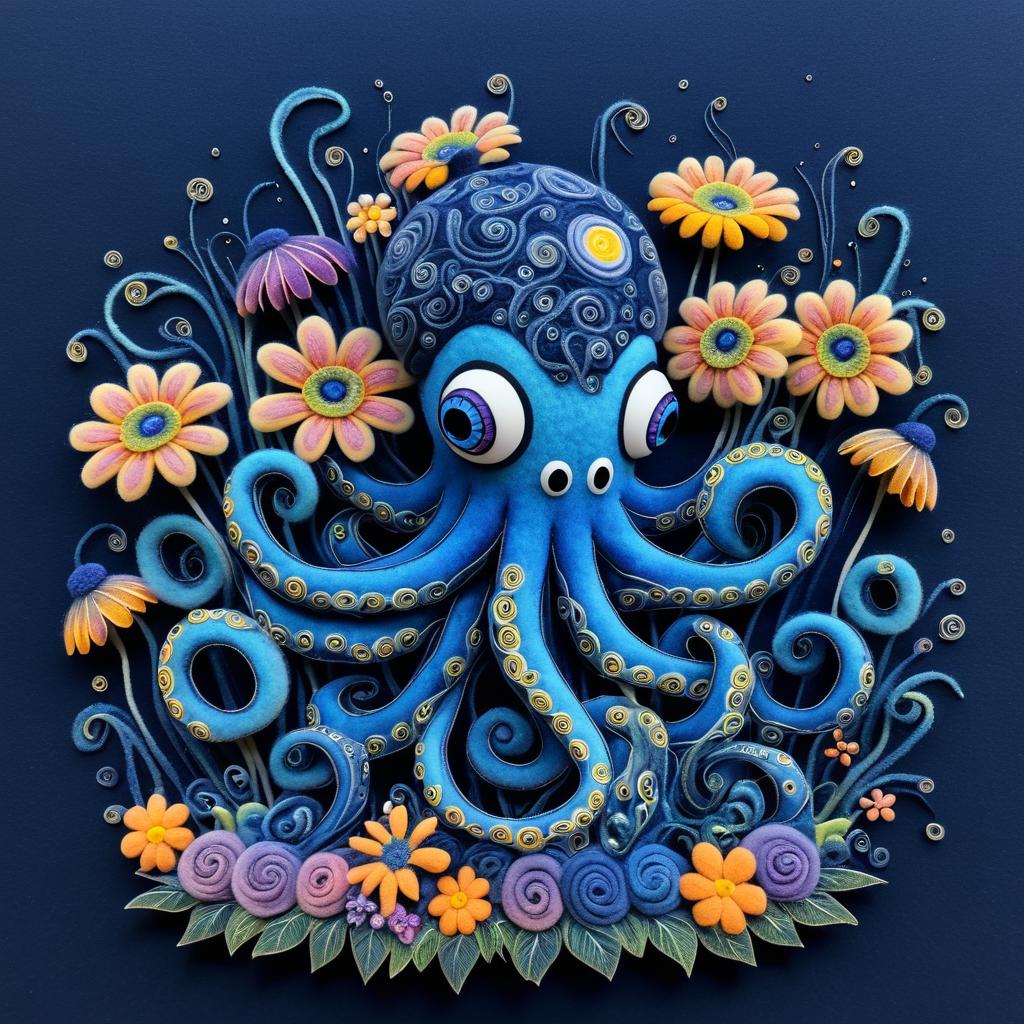 Whimsical Cartoon Octopus with Surreal Blooms