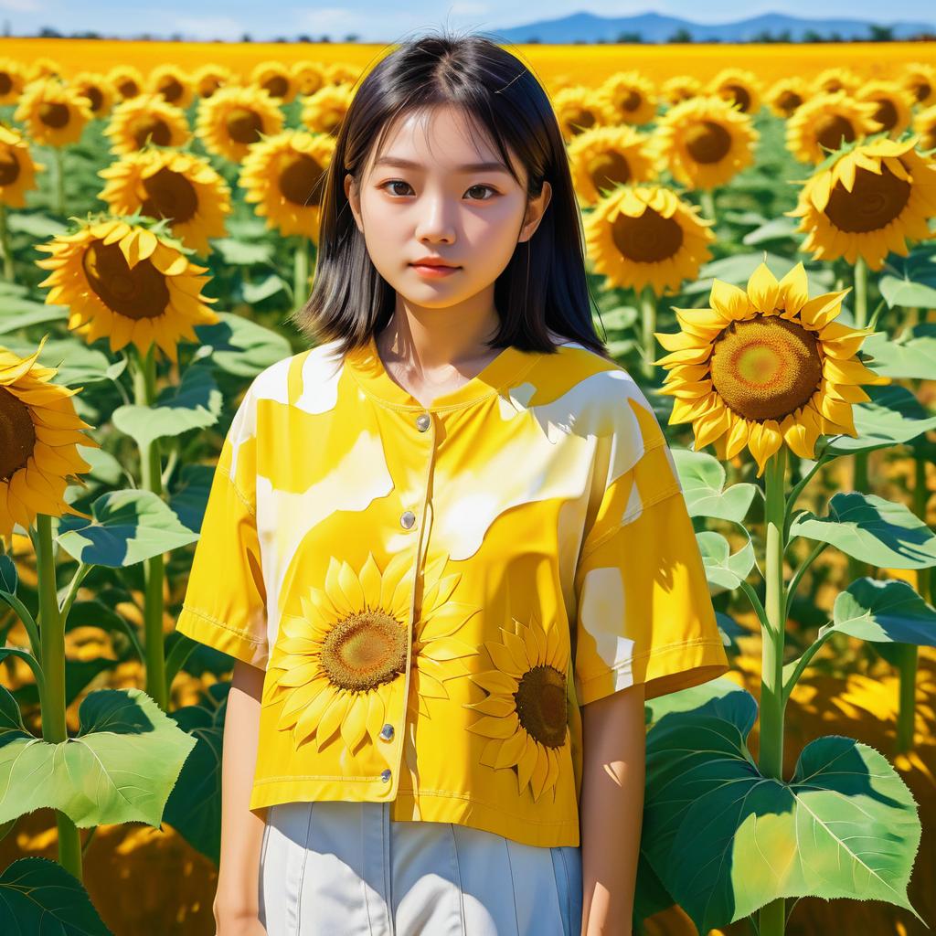 Japanese Girl in Sunflower Field Portrait