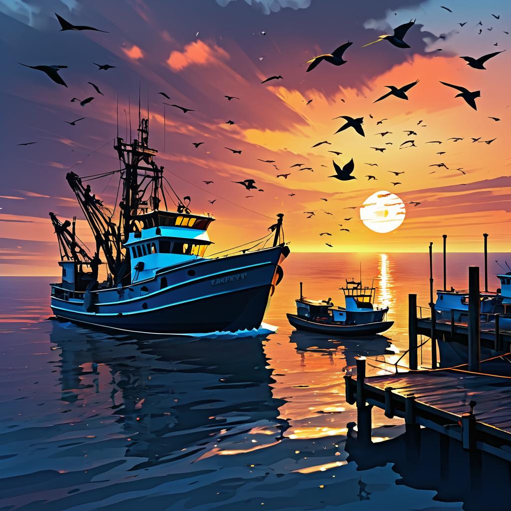 Dramatic Sunset Fishing Boat Scene