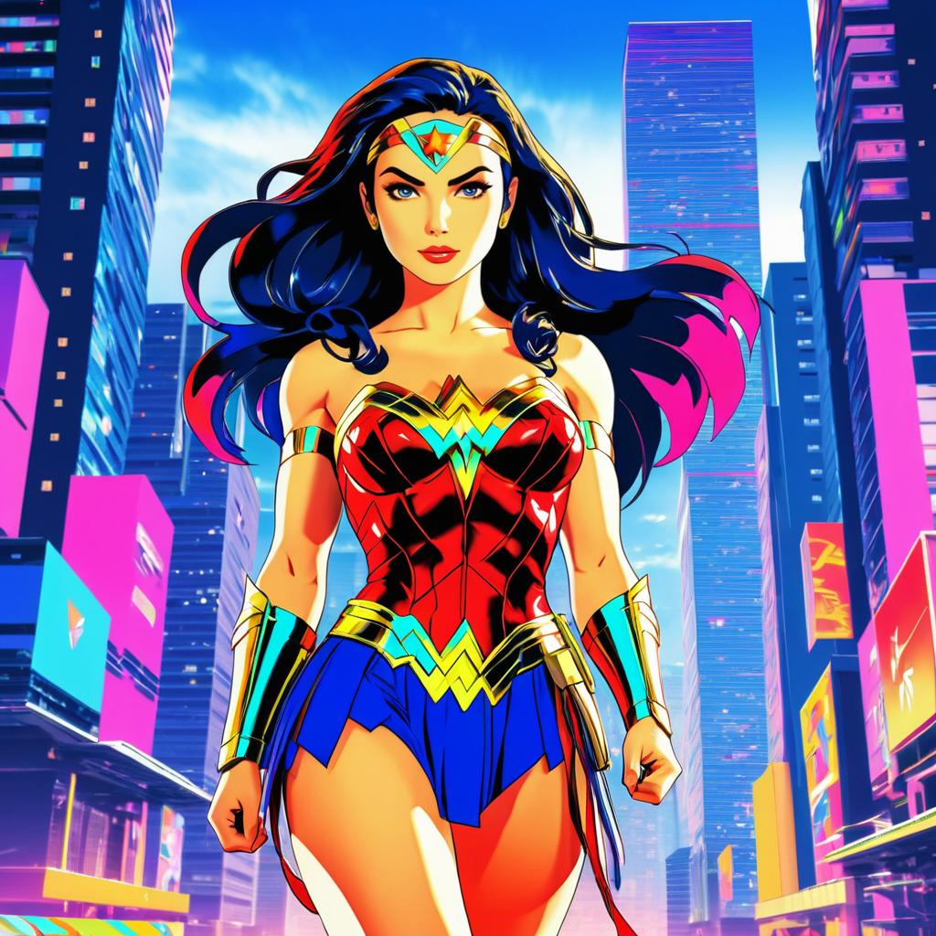 Anime Wonder Woman in a Vibrant City