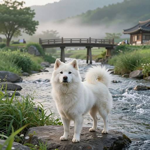 Photograph of a fluffy white Akita dog standing on a rock in a serene, misty Japanese landscape with a flowing river and wooden bridge in the