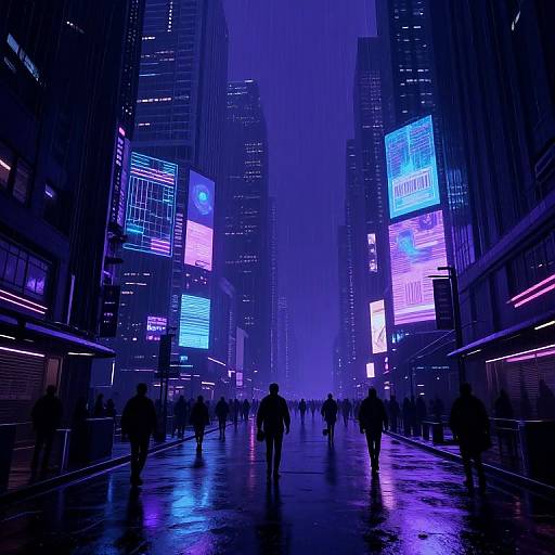 Neon-lit, futuristic city street at night, silhouetted people walking under vibrant blue and purple digital billboards on tall skyscrapers