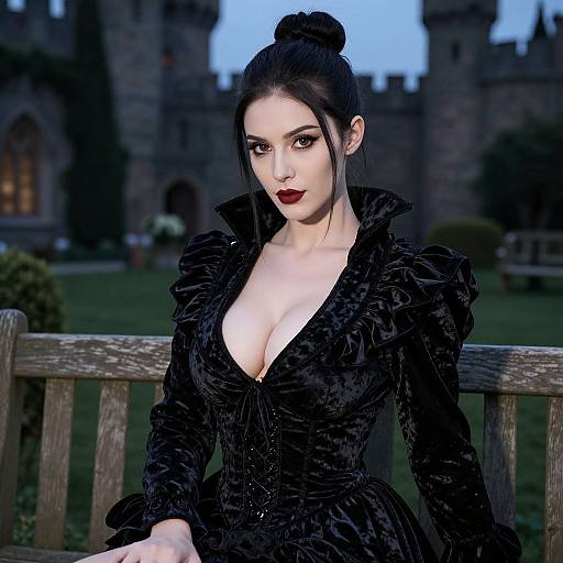 Confident Gothic Woman in Castle Garden