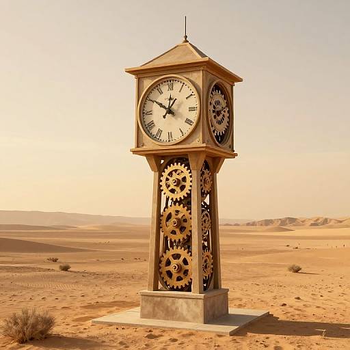 Photograph of a clock tower with gear-cut designs, standing in a sunlit, sandy desert with distant hills and clear sky.