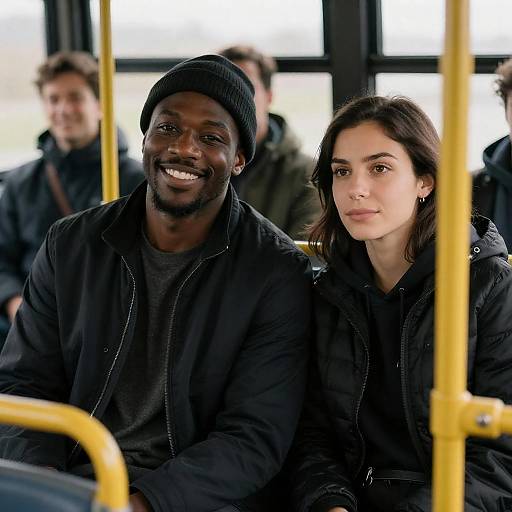 Cheerful Bus Companions in Natural Light