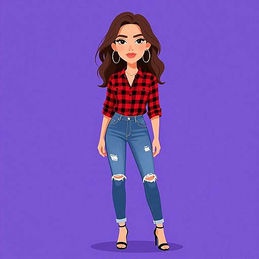 Digital illustration of a young woman with long brown hair, wearing a red plaid shirt, blue ripped jeans, black heels, and large hoop earrings,