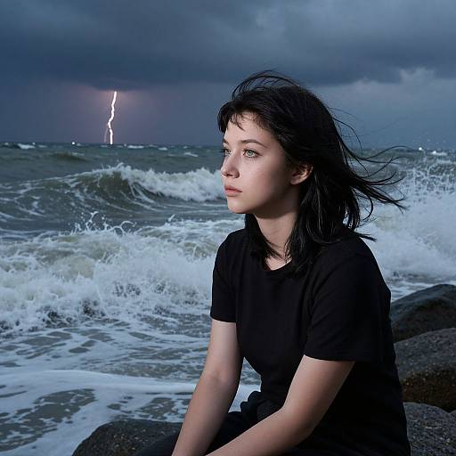 Young woman with black hair, wearing a black shirt, sitting on rocky shore, ocean waves crashing, dark stormy sky, lightning bolt striking sea.