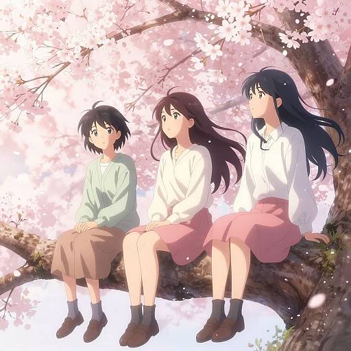 Anime-style digital illustration of three teenagers with black, brown, and black hair sitting on a cherry blossom tree branch. Pink skirts, white shirts, and