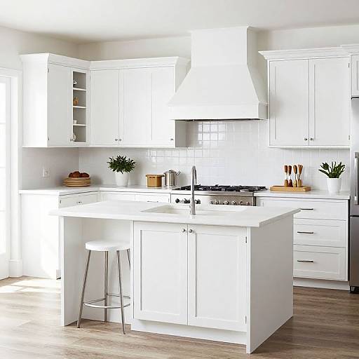Bright, modern kitchen photograph with white cabinets, stainless steel appliances, wooden countertops, and potted plants. Island with stool, hardwood floor.