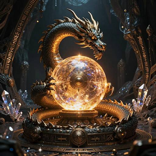 Digital CGI art: A fiery, glowing crystal orb sits atop a dark, ornate dragon statue in a mystical, crystal-filled cave.