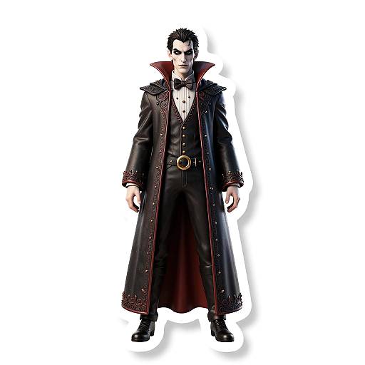 Digital illustration of a dark-haired, pale-skinned male vampire in a black, long-caped coat with red lining, black vest, and bow tie
