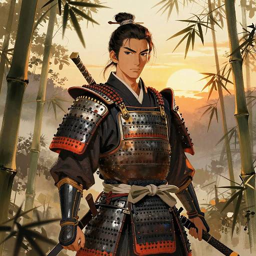 Digital art of a stern, dark-haired samurai in black armor with red accents, standing in a bamboo forest at sunset.