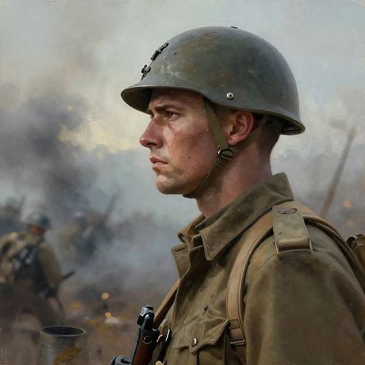 Digital painting of a focused, weary WWII soldier in a green helmet and brown uniform, with smoke-filled battlefield background.