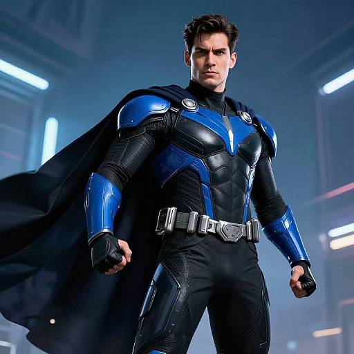Photograph of a muscular, dark-haired male superhero in a blue and black armored suit with a black cape, standing confidently in a futuristic, brightly lit