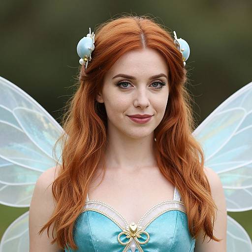 Photograph of a fair-skinned, red-haired woman with blue fairy wings, wearing a blue strapless dress and white hair ornaments, smiling gently.