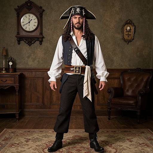 Photograph of a bearded man in a pirate costume, white shirt, black vest, pants, and tricorn hat, standing in a wooden-w