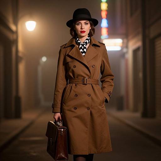 Photograph of a stylish woman in a brown trench coat, black hat, and checkered scarf, holding a brown bag, standing on a foggy
