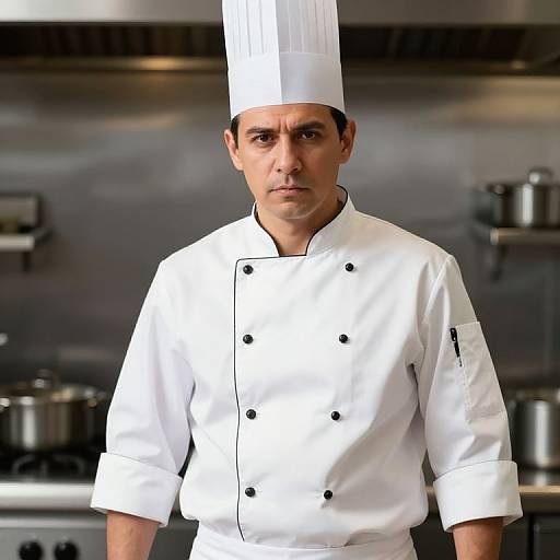 Photograph of a serious male chef with olive skin, dark hair, white double-breasted uniform, tall white chef hat, and black buttons. Background