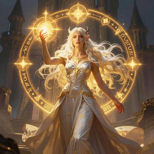 Digital artwork of a white-haired, horned witch in a glowing silver dress, casting magic circles with golden runes, standing in a dark, gothic