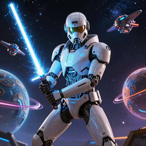 Futuristic Robotic Warrior with Blue Lightsaber
