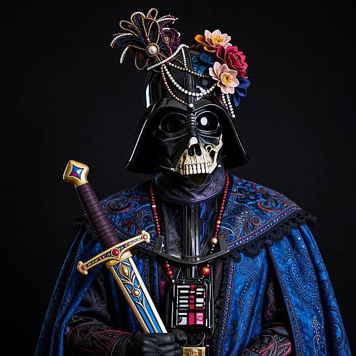 Photograph of a dark, skeletal Darth Vader-like figure in elaborate blue, patterned cloak with floral headdress, holding sword and cross pendant against black
