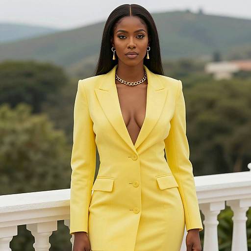 Elegant Black Woman in Yellow Blazer Dress on Balcony