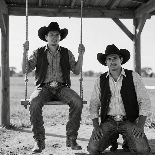 Serious Cowboys Under a Rustic Structure