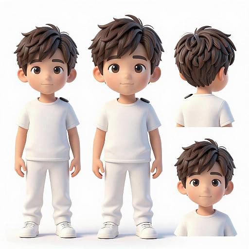 Digital 3D character model of a cute young boy with brown hair, large eyes, wearing a white shirt, pants, and shoes, shown from