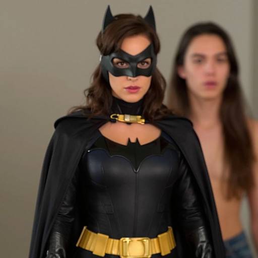 Photograph of a woman in a black Batman costume with gold belt and mask, standing in front of a blurred, topless woman with long brown hair