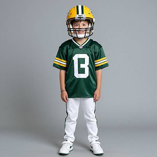Photograph of a young boy standing, wearing a green and yellow Green Bay Packers football jersey with number 0, white pants, white shoes, yellow