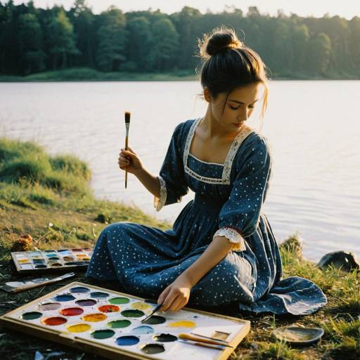 Young Woman Painting by Lakeshore in Bohemian Dress
