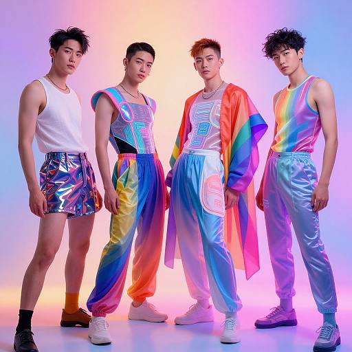 Photograph of four Asian men in colorful, futuristic outfits: white tank tops, rainbow and metallic pants, neon background, standing confidently.