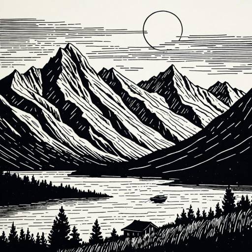 Black and White Mountain Range Linocut