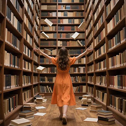 Photograph of a woman in an orange dress, running between towering bookshelves, books flying in the air, surrounded by scattered books on the wooden