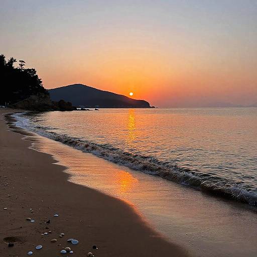 Photograph of a serene beach at sunset, with a vibrant orange sun setting over calm water, silhouetted hills, and gentle waves.