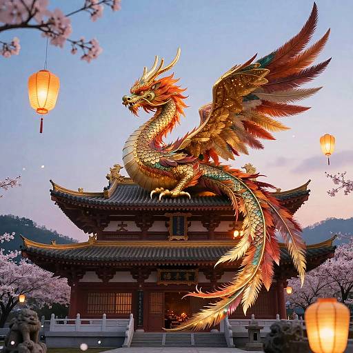 Digital art: Golden dragon with fiery wings perched on traditional Japanese temple at dusk, surrounded by glowing lanterns and cherry blossoms.