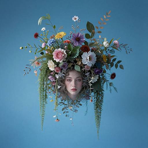 Ethereal Woman with Gravity-Defying Floral Crown