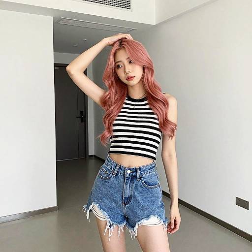 Photograph of a young woman with long pink hair, wearing a black-and-white striped crop top and high-waisted, frayed denim shorts,