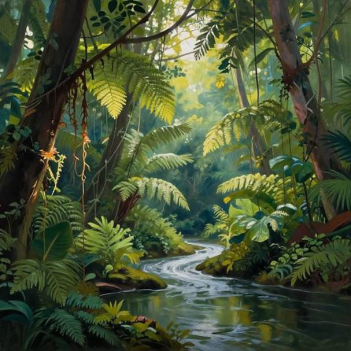Digital painting of a lush, sunlit rainforest with a winding stream, dense ferns, and tall trees, creating a serene, vibrant jungle scene