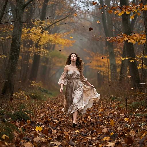 Photograph of a curly-haired woman in a flowing beige dress dancing through an autumn forest, surrounded by falling leaves and vibrant yellow-orange foliage.
