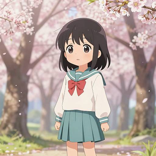 Anime Teen in Cherry Blossom Park