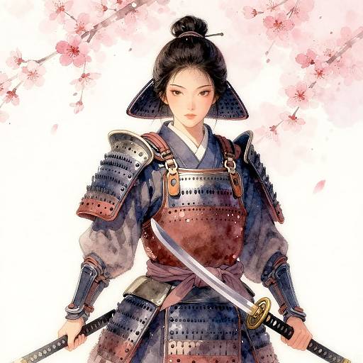 Digital illustration of a serious Asian samurai woman with black hair in a bun, wearing traditional armor, holding a katana, surrounded by pink cherry bloss